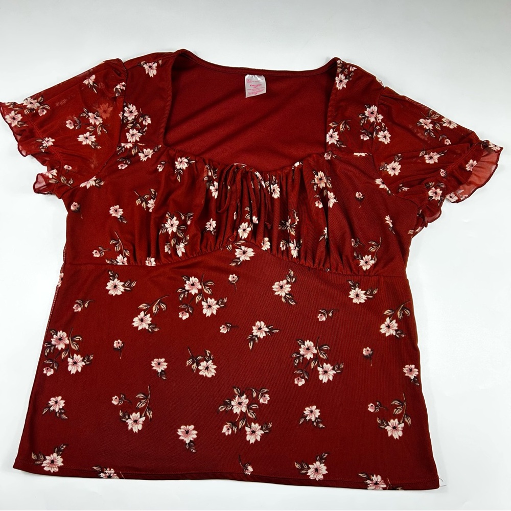 Floral Ruched Square-Neck Top in Rust Red - Picture 2 of 6